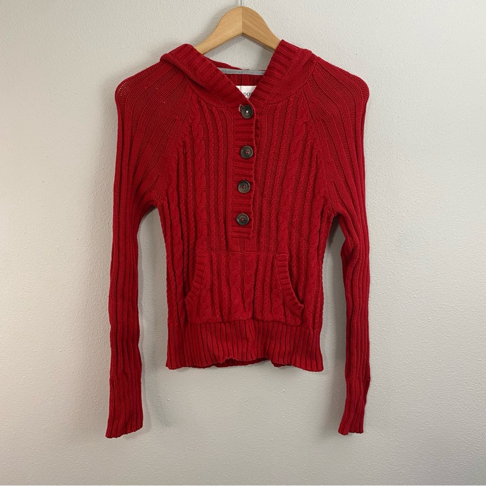 Aeropostale Y2K Red Button Down Cable Knit Fitted Hooded Sweater‎ Large 2000’s